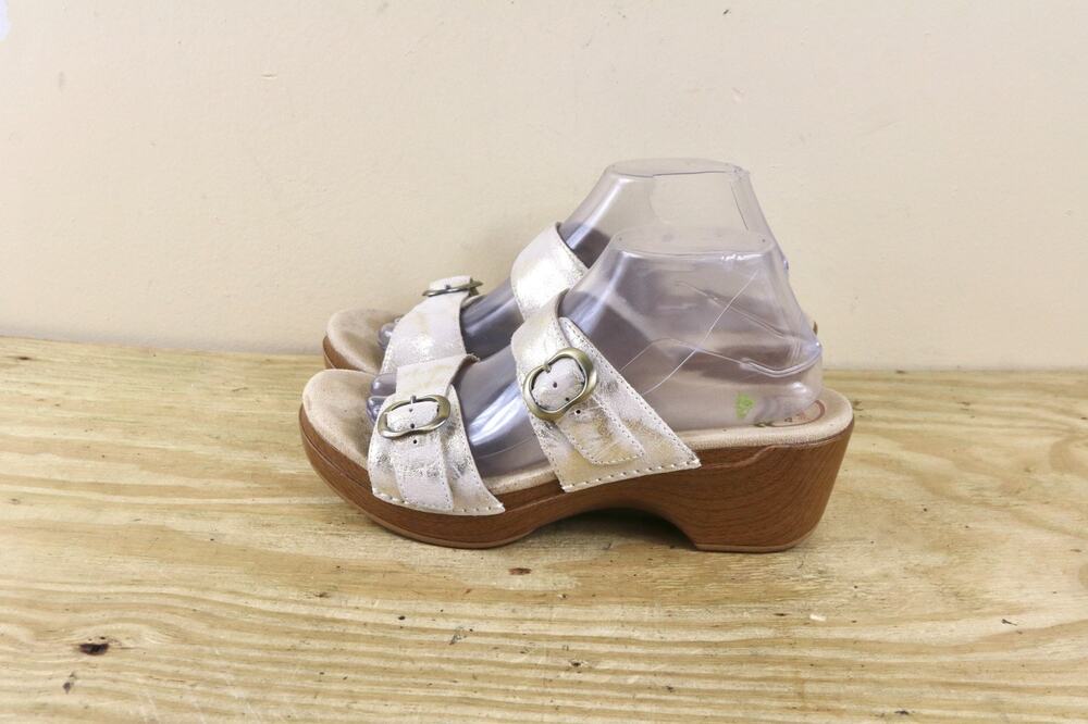 Dansko Womens Sandals 10 Sophie Metallic Gold Distressed Leather 2 Buckle Shoes